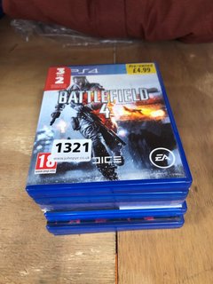QTY OF ASSORTED PS4 CONSOLE GAMES TO INCLUDE BATTLEFIELD 4 (PEGI 18+), PLEASE NOTE: 18+YEARS ONLY. ID MAY BE REQUIRED): LOCATION - A7