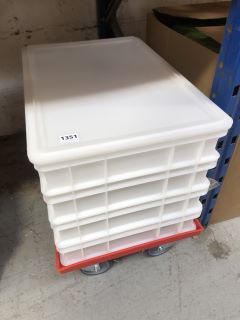 LITTLE WHEELED WEIGHT TROLLEY IN RED TO INCLUDE 4 X LOW RECTANGULAR PLASTIC STORAGE BOXES IN WHITE: LOCATION - A6