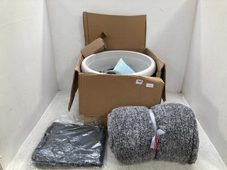 BOX OF ASSORTED ITEMS TO INCLUDE KNITTED COVER HOT WATER BOTTLE IN GREY: LOCATION - D3