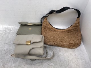 3 X ASSORTED WOMENS WOVEN AND LEATHER SHOULDER BAGS IN LIGHT BROWN AND CREAM: LOCATION - C9