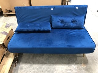 (COLLECTION ONLY) ROYAL BLUE VELVET FUTON WITH GOLD LEGS: LOCATION - B8