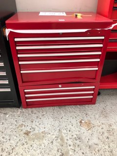 2 X 8 DRAWER METAL STACKABLE TOOL STORAGE BOXES IN RED WITH SILVER HANDLES TO INCLUDE KEYS: LOCATION - A1
