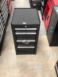 4 DRAWER SMALL TABLE TOP METAL TOOL STORAGE UNIT IN BLACK WITH SILVER HANDLES TO INCLUDE KEYS: LOCATION - A1