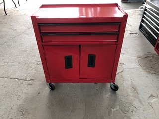 2 DRAWER CUPBOARD PORTABLE METAL TOOL STORAGE UNIT IN RED WITH BLACK HANDLES: LOCATION - A1