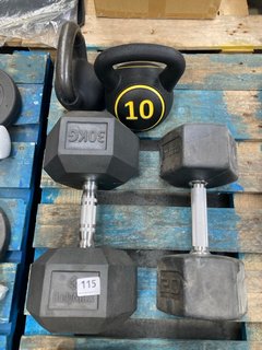 4 X ASSORTED HOME GYM WEIGHTS TO INCLUDE 10KG KETTLEBELL WEIGHT: LOCATION - B3