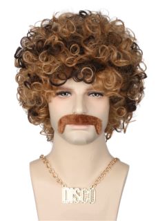 13 X LEMARNIA 3PCS SET MENS AFRO WIG NECKLACE AND MOUSTACHE DISCO ROCK PARTY HALLOWEEN COSTUME WIGS DISCO DUDE DIRT BAG WIG - TOTAL RRP £117: LOCATION - A
