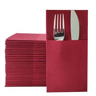 6 X JINYU DOME DISPOSABLE NAPKINS,WEDDING NAPKINS WITH BUILT-IN FLATWARE POCKET,PACK OF 50 (RED) - TOTAL RRP £98: LOCATION - C