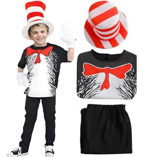 12 X MARTYPARTY CAT IN THE HAT COSTUME WORLD BOOK DAY COSTUME SCHOOL BOOK DAY FANCY DRESS FOR KIDS GIRLS (STYLE-1, M) - TOTAL RRP £158: LOCATION - C