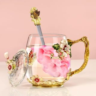 24 X WISOLT BIRTHDAY NOVELTY GIFTS FOR WOMEN LADIES CHRISTMAS PRESENTS FOR WOMEN FLOWER GLASS TEA CUP GIFTS FOR MOTHER IN LAW ANNIVERSARY VALENTINES MOTHERS DAY GLASS COFFEE CUP MUGS WITH SPOON AND L
