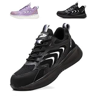 4 X SAFETY TRAINERS MENS WOMENS STEEL TOE CAP TRAINERS LIGHTWEIGHT SAFETY SHOES FOR WOMEN BREATHABLE WORK BOOTS BLACK 10 UK LABEL SIZE 46 - TOTAL RRP £100: LOCATION - D
