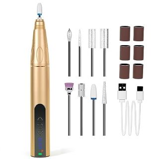 4 X NAIL DRILL SET FOR ACRYLIC NAILS PROFESSIONAL KIT 2 WAY ROTATION BY SCIENBEAUTY GEL NAILS FILE FULL SET WITH 8 BITS RECHARGEABLE NAIL FILE (CHAMPAGNE GOLD) - TOTAL RRP £106: LOCATION - D