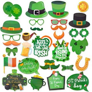 21 X HOWARD ST PATRICKS DAY PHOTO BOOTH PROPS, ST. PATRICK'S DAY IRISH PARTY PHOTO PROPS ACCESSORIES FOR ST PATRICKS DAY GAME FAVOR SUPPLIES, SHAMROCK IRISH FLAGS LEPRECHAUN HAT MOUSTACHE GLASSES, 28