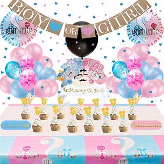 27 X FUNNLOT 102 PCS GENDER REVEAL DECORATION FOR PARTY WITH BABY GENDER REVEAL BALLOONS BOY OR GIRL BANNER GENDER REVEAL CAKE TOPPERS TABLECLOTH BABY SHOWER PHOTO BOOTH PROPS STICKERS MUMMY TO BE SA