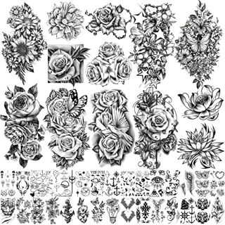 50 X METUU 40 SHEETS TEMPORARY TATTOOS FOR WOMEN GIRL GIFT OR DECORATION, LARGE BLACK PEONY ROSE FLOWERS LADY WATERPROOF 3D FAKE TATTOOS ARM HAND LEG TATTOOS STICKERS?10 LARGE & 30 TINY? - TOTAL RRP