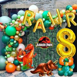 8 X 8TH DINOSAUR BIRTHDAY PARTY DECORATIONS SUPPLIES WITH GIANT GOLD NUMBER 5 BALLOON, JUNGLE SAFARI DINOSAUR BALLOONS ARCH GARLAND, BANNER,GREEN FRINGE CURTAINS - TOTAL RRP £100: LOCATION - I