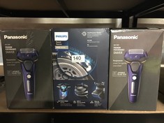 QTY OF ITEMS TO INCLUDE PANASONIC ES-LV67 5-BLADE WET & DRY ELECTRIC SHAVER FOR MEN, RECHARGEABLE, RESPONSIVE BEARD SENSOR, MULTI-FLEX 16D HEAD(NAVY AND BLACK) : LOCATION - BACK RACK
