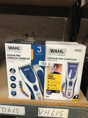 QTY OF ITEMS TO INCLUDE WAHL COLOUR PRO CORDLESS HAIR CLIPPER KIT, NECK DUSTER, COLOUR CODED COMBS, HAIR CLIPPERS FOR MEN, HEAD SHAVER, MEN'S HAIR CLIPPER, EASY HOME HAIRCUTTING, FAMILY HAIRCUTS, FAM
