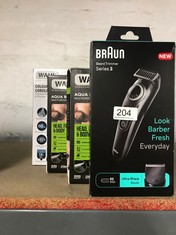 QTY OF ITEMS TO INCLUDE BRAUN BEARD TRIMMER SERIES 3 3410, ELECTRIC BEARD TRIMMER FOR MEN, INCL. ULTRA-SHARP BLADE, 40 LENGTH SETTINGS, STYLING TOOLS, RECHARGEABLE & WASHABLE: LOCATION - A RACK