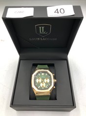 MENS LOUIS LACOMBE CHRONOGRAPH WATCH - 3 SUB DIALS - GOLD COLOUR CASE - GREEN RUBBER STRAP: LOCATION - A RACK