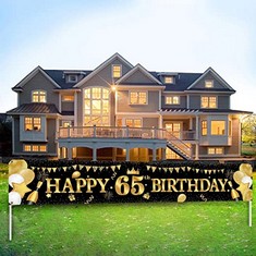 21 X VICSOM 65TH BIRTHDAY BANNER, HAPPY BIRTHDAY BANNER BLACK GOLD, 65TH BIRTHDAY POSTER, BIRTHDAY DECORATIONS FOR HIM, PARTY PHOTO BOOTH BACKDROP BANNER FOR MEN WOMEN, BIRTHDAY PARTY GARDEN WALL DEC