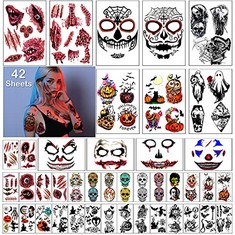 36 X 42 SHEETS 3D HALLOWEEN TEMPORARY TATTOO FOR MEN AND WOMEN, SKELETON WITCH GHOST PUMPKIN LANTERN BAT EAGLE JACK CIVET CAT WATERPROOF TATTOO STICKERS FOR KIDS ON FACE FOOT NECK HAND - TOTAL RRP £2