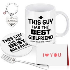 14 X LOYIM 5 PCS BOYFRIEND GIFTS SET FUNNY NOVELTY MUG FOR MEN 10.5 OZ DRINK COASTER ENGRAVED FORK LOVE KEYCHAIN AND CARD THIS GUY HAS THE BEST GIRLFRIEND GIFTS FOR HIM ANNIVERSARY BIRTHDAY - TOTAL R