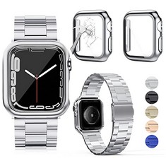 29 X OMEE METAL STRAP COMPATIBLE WITH APPLE WATCH SERIES 7 STRAP 45MM WITH 2 PCS SCREEN CASE FOR SERIES 7 45MM, STAINLESS STEEL METAL BANDS MEN WOMEN REPLACEMENT STRAP FOR IWATCH SERIES 7 45MM(SLIVER