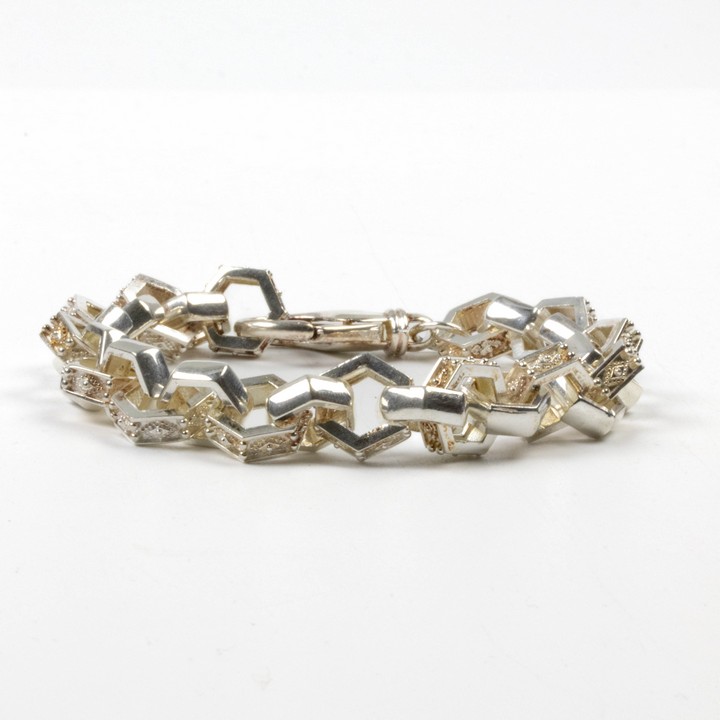 Silver Patterned Hexagonal Link with Orange Tint Bracelet, 21cm, 30.5g (VAT Only Payable on Buyers Premium)