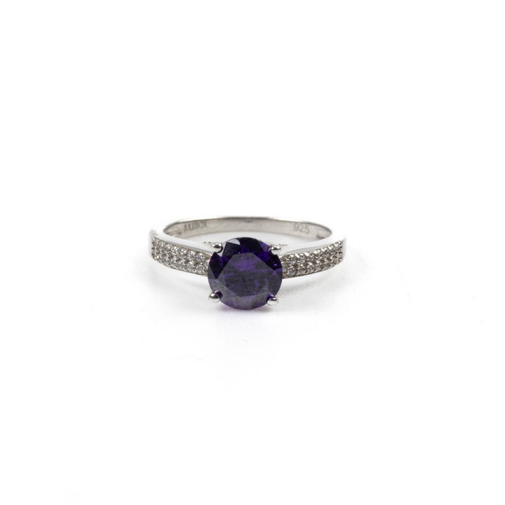Silver Purple Round Faceted Stone with Clear Stone Pavé Shoulders Ring, Size K, 2.4g