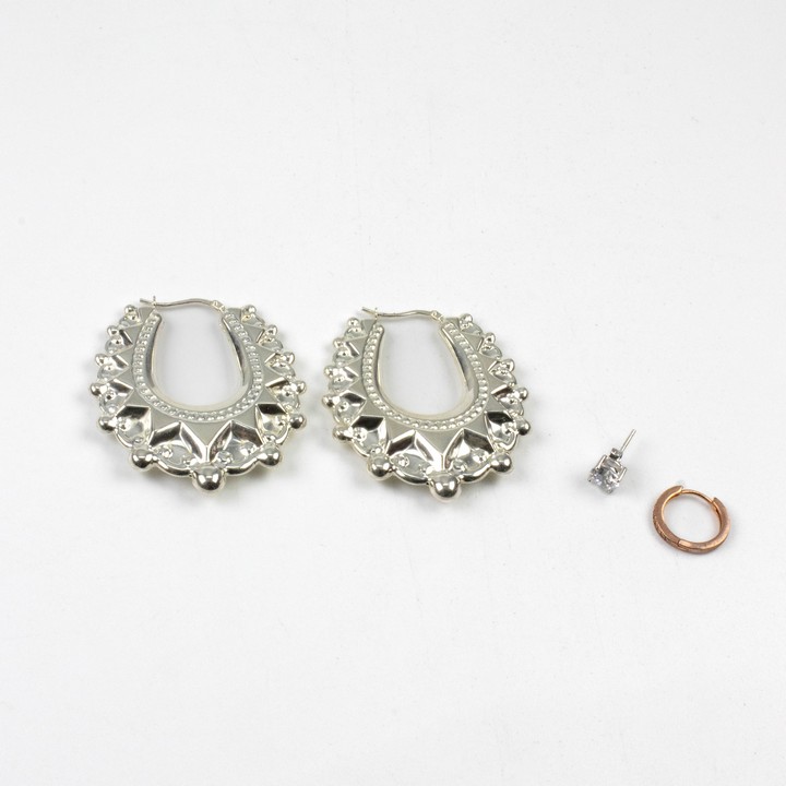 Silver Pair of Creole Earrings, 4cm, Silver Single Clear Stone Stud Earring, 0.6cm and Silver Gold Plated Clear Stone Single Hoop Earring, 1.5cm, 11.1g (VAT Only Payable on Buyers Premium)