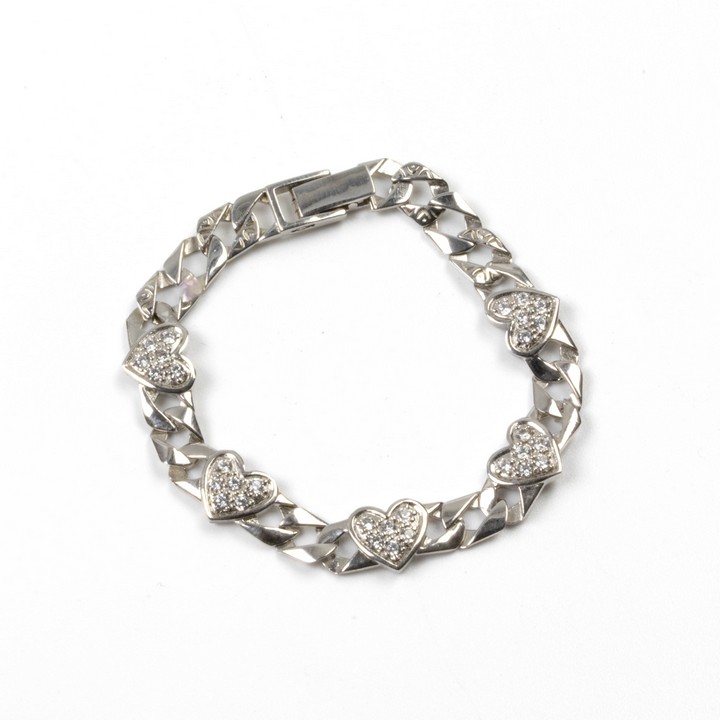 Silver Clear Stone Pavé Hearts Square Curb Bracelet, 15cm, 7.7g (VAT Only Payable on Buyers Premium)