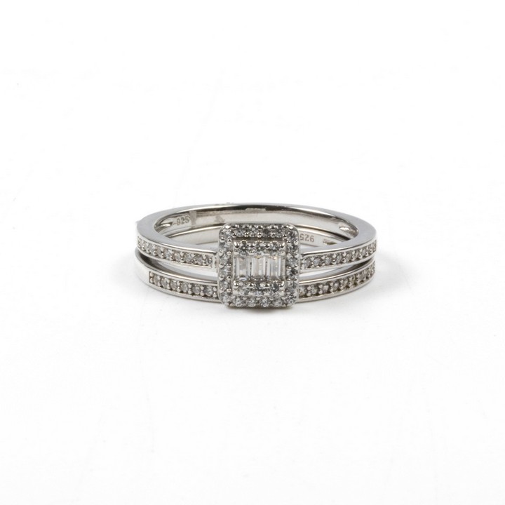 Silver Clear Stone Cluster and Pavé Shoulders with Matching Half Eternity Ring Wedding Set, Size S½, 4.5g (VAT Only Payable on Buyers Premium)