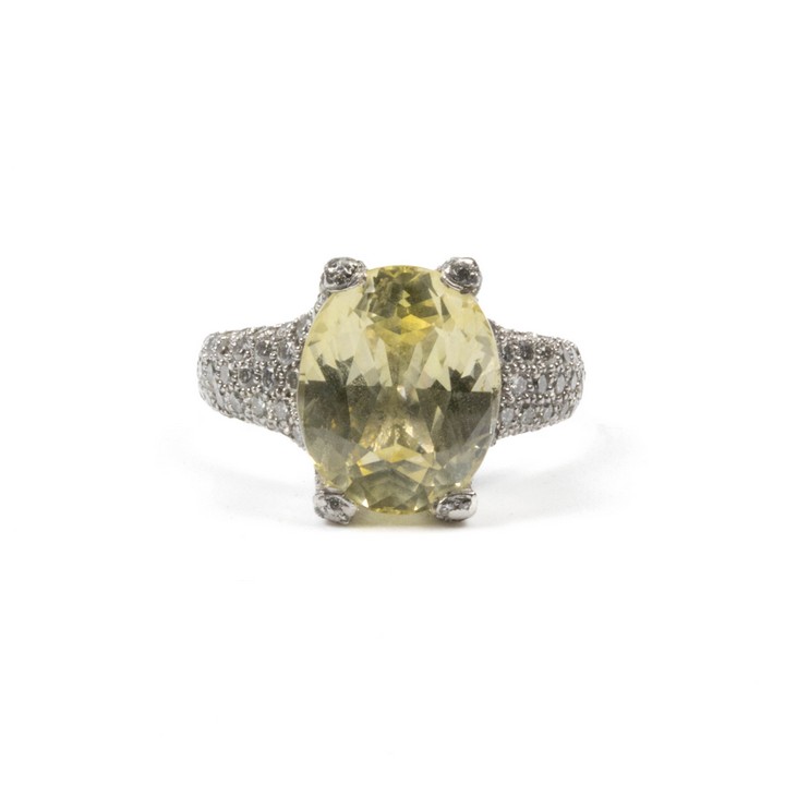 Platinum 950 9.34ct Natural Yellow Sapphire and 1.80ct Diamond Pavé Ring. Size K½, 14.2g. Colour G-H, Clarity Si. Auction Guide: £4,000-£4,500 (VAT Only Payable on Buyers Premium)