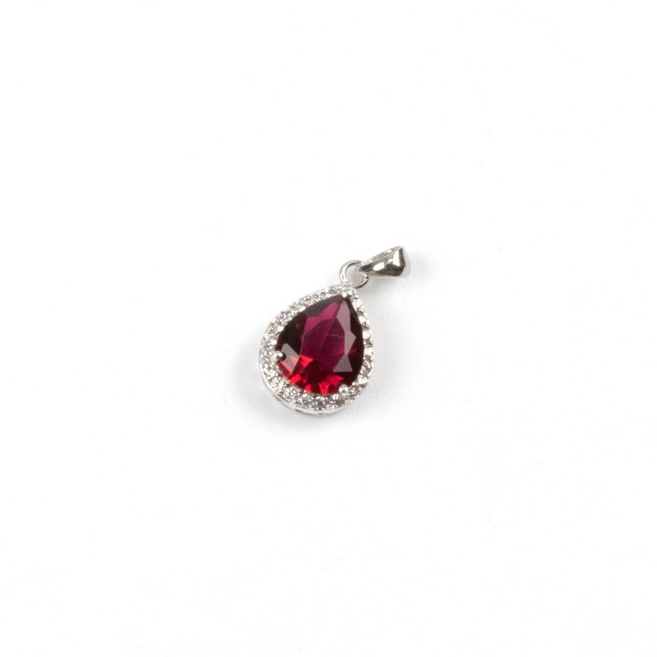Silver Red Pear-cut Stone with Clear Stone Halo Pendant, 2.5cm, 2.9g (VAT Only Payable on Buyers Premium)
