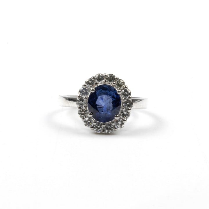 18K White 1.88ct Sapphire and 0.56ct Diamond Halo Ring, Size L½, 4.5g. Colour F-G, Clarity VS.  Auction Guide: £1,600-£2,100 (VAT Only Payable on Buyers Premium)