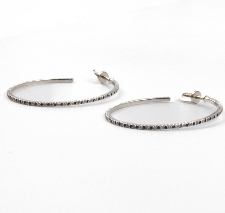 14K White 0.53ct Sapphire and 0.36ct Diamond Hoop Earrings, 3.8cm, 5.5g.  Auction Guide: £550-£750