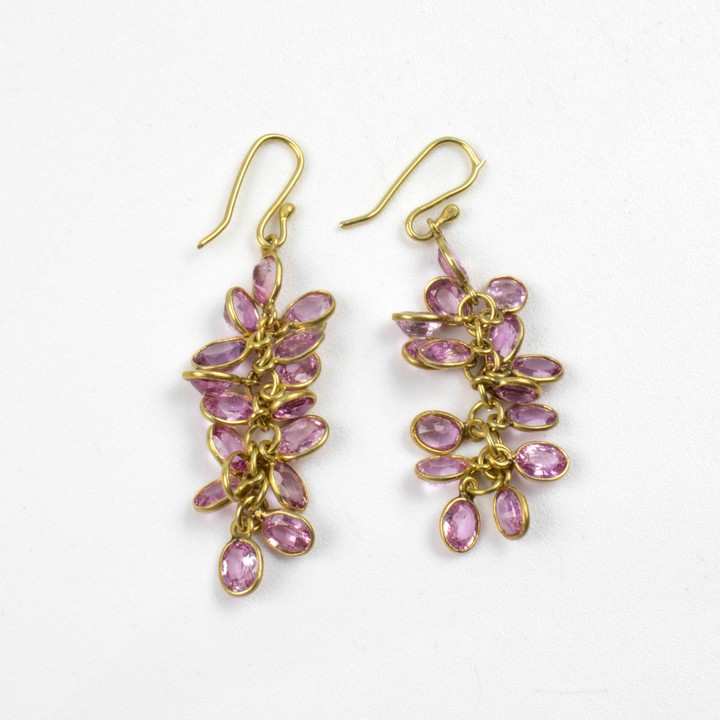14K Yellow Pink Sapphire Pair of Drop Earrings, 4cm, 3.1g.  Auction Guide: £500-£700
