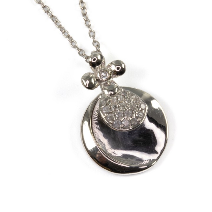 Silver Clear Stone Pavé Flower and Disc Pendant, 2cm and Chain, 45cm, 3.2g