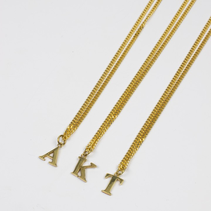 Silver Gold Plated Selection of Three Initial K, A and T Pendants and Chains, 50cm, total weight 27g (VAT Only Payable on Buyers Premium)