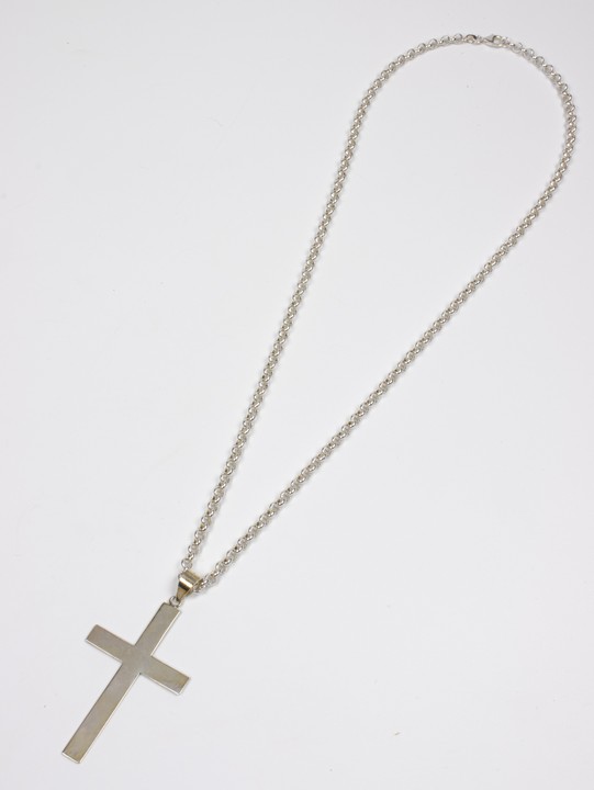 Silver Cross Pendant, 7x3.5cm and Belcher Chain, 60cm, total weight 25g (VAT Only Payable on Buyers Premium)