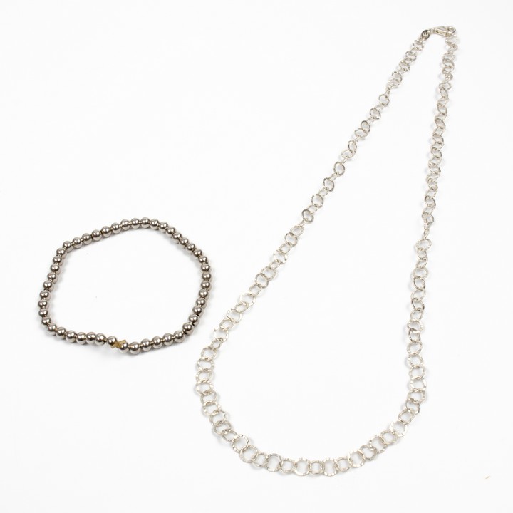 Silver Patterned Link Chain, 50cm and Silver Elasticated Ball Bracelet, total weight 11.7g (VAT Only Payable on Buyers Premium)
