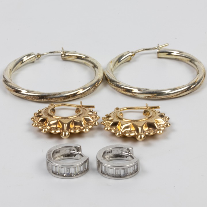 Silver and Gold Plated Silver Trio of Hoop Earrings, 1, 2 and 3cm, 8g (VAT Only Payable on Buyers Premium)