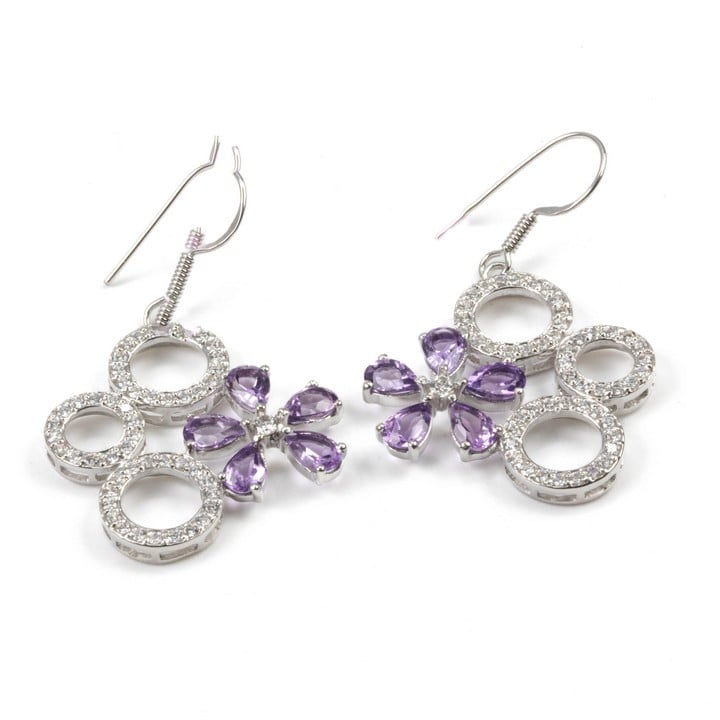 Silver Amethyst and CZ Drop Circle and Flower Earrings, 5cm, 8.2g