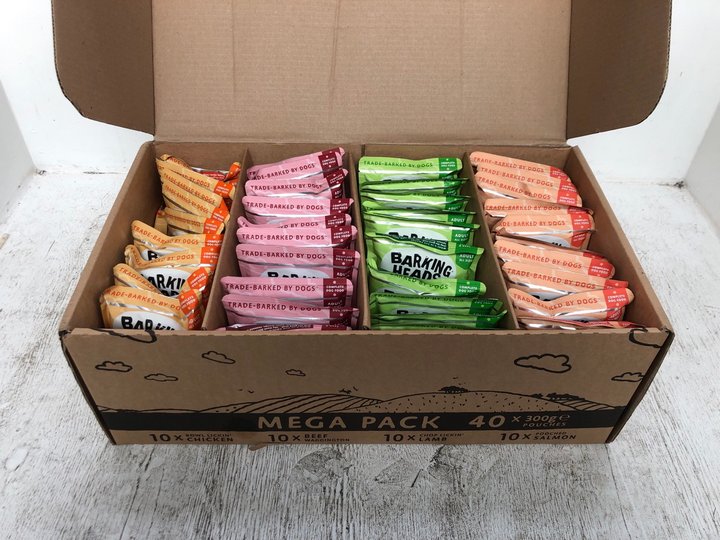 John Pye Auctions BOX OF 40 BARKING HEADS WET DOG FOOD POUCHES IN VARIOUS FLAVOURS BBE 22.09