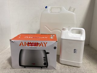 3 X ASSORTED ITEMS TO INCLUDE 2 X ASSORTED SIZED JERRY CANS IN WHITE , JOHN LEWIS AND PARTNERS BRUSHED STEEL 2 SLICE TOASTER: LOCATION - H15
