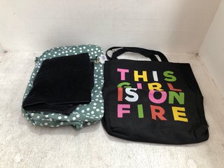 POLKA DOT GREEN SATCHEL BAG TO INCLUDE 'THIS GIRL IS ON FIRE' BLACK TOTE BAG AND BLACK SMALL TOWEL: LOCATION - G18