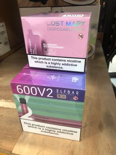 5 X ASSORTED VAPE ITEMS TO INCLUDE LOST MARY BLUEBERRY SOUR RASPBERRY FLAVOUR 600 PUFF VAPES BB: 12/24: LOCATION - E9