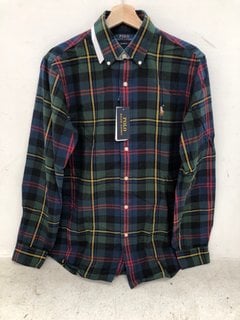 RALPH LAUREN LOGO PRINT CHECKED SHIRT IN GREEN MULTI SIZE: M RRP - £125: LOCATION - E1 FRONT