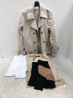 QTY OF ASSORTED WOMENS CLOTHING TO INCLUDE RIVER ISLAND CLASSIC BUTTON UP TRENCH COAT IN BEIGE SIZE: 42 EU: LOCATION - F1