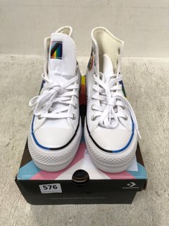 CONVERSE RAINBOW LOGO PRINT CANVAS LACE UP HIGH TOPS IN WHITE SIZE: 4.5: LOCATION - F4